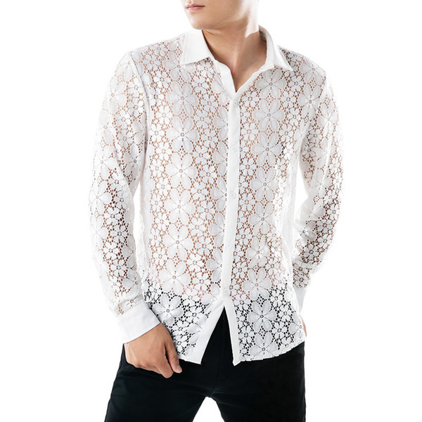 Brand Men White Lace Shirt Casual Strange Designer Slim Fit Long Sleeve Hollowed Fashion Silk Club Shirt Tops Streetwear