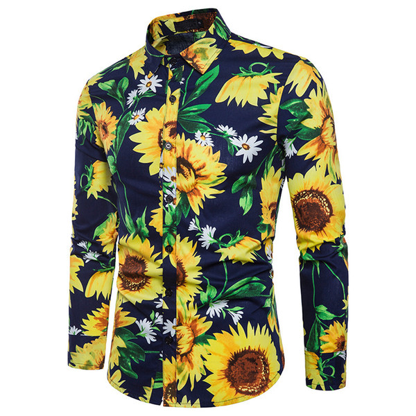 Men shirt casual long sleeve floral sunflower print fashion shirt dress sunshirt brand tops streetwear Free shipping