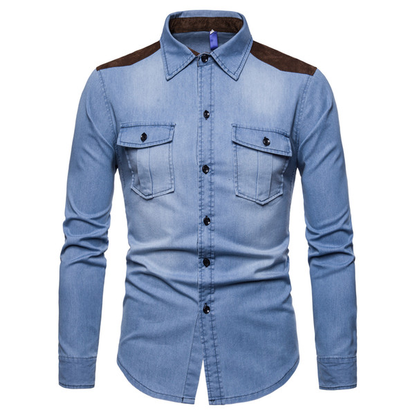 2019 new men's cotton denim shirt European suede color matching wash jeans long sleeve shirt