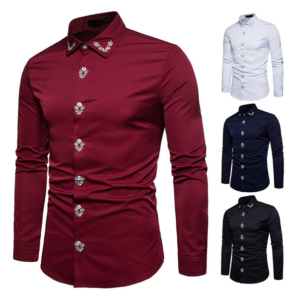 Hot sale fashion New shirt men leisure placket embroidered court style men shirt long sleeve shirt 4 color 2XL size free shipping