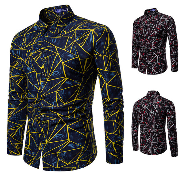 New Fashion Style Young Men's Casual shirt Men's Leisure Geometry Printing long sleeved shirt Tide