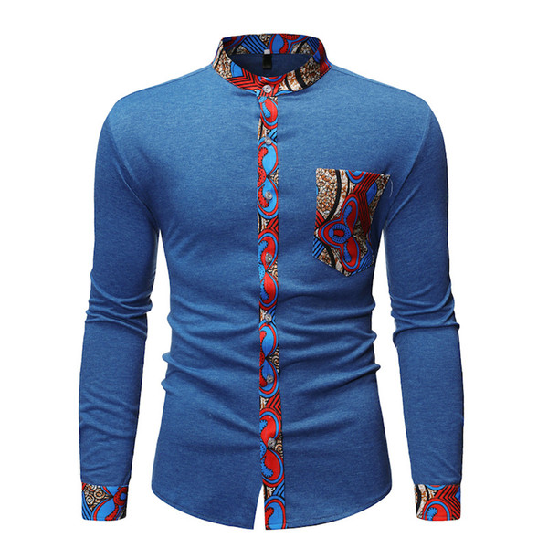 New hot sale fashion men shirt casual African ethnic style stitching collar long sleeve shirt men 2 color S-XL size free shipping