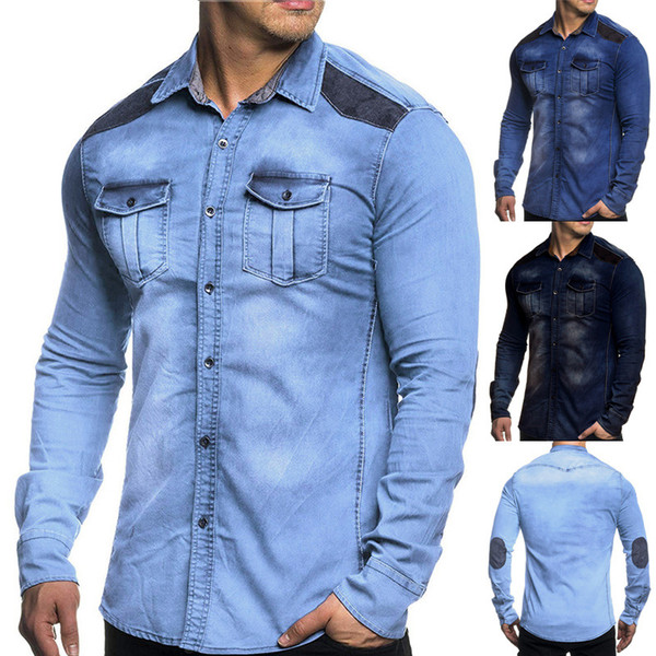 New hot sale men shirt casual washed stitching denim long sleeved shirt men 3 color M-3XL free shipping