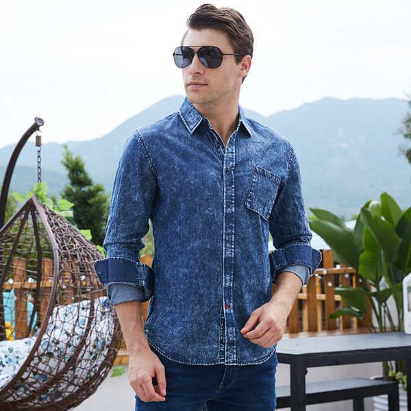 New European and American pure cotton denim shirt plus size men's Lapel long sleeve shirt