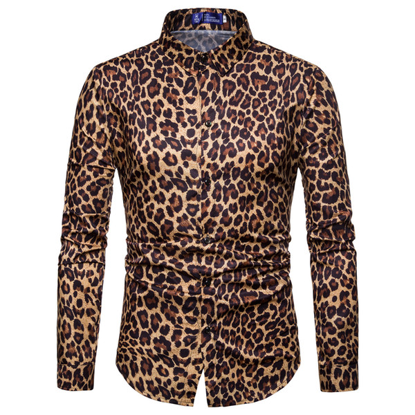 New nightclub Leopard print casual digital print slim long sleeve men's shirt