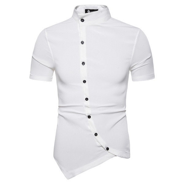 Hot sale shirt men asymmetric fashion slim short-sleeved shirt solid cotton blend 4 color men shirt 