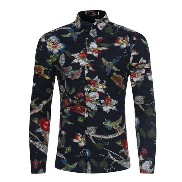 Men's Retro Flower Shirts New Casual Breathable Shirt Fashion Geometric Pattern Men Brand Social Print Long Sleeves Shirt