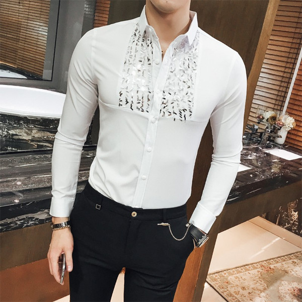 2018 Spring Men Shirt Fashion Sequins Slim Fit Long Sleeve Men's Social Shirts Night Club Casual Party Tuxedo Blouse Men 3XL-M