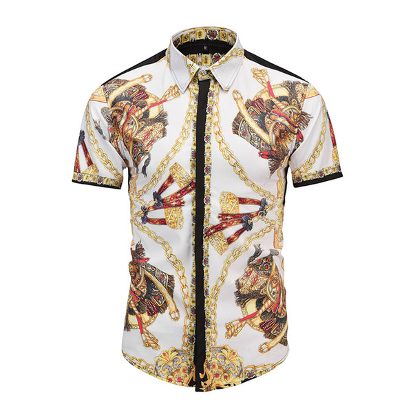 True Reveler summer short sleeve style men shirts fashion royal print iron gold chain blouse party club tops shirts