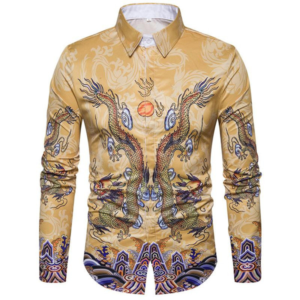 Men's Shirts Dragon pattern Fashion Hip hop Long sleeve Mens Dress Shirts Casual Blouse Men