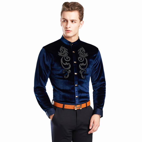 Embroidery Velvet Shirt Men Long Sleeve Mandarin Collar Shirt For Men Camisas Masculina Manga Longa Mens Party Button