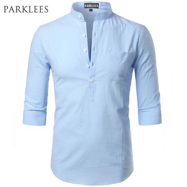 Fashion Cotton Linen Shirt Men Clothes Casual Slim Fit Mens Shirts Stand Collar Summer Short Sleeve Henley Shirt Chemise Homme