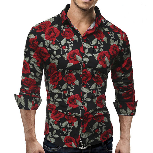 Fashion Mens Luxury Long Sleeve Slim Shirt Casual Fitness Stylish Dress Shirts Tops Stylish Mens Rose Floral Print Dress Shirts