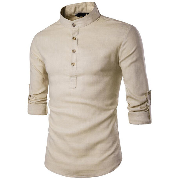 Europe and the United States hot fashion new men's solid color long-sleeved shirt stand collar linen shirt 