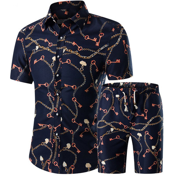 Wholesale- New 2017 Mens Two Piece Sets Shirt+Shorts Man Printing Suit Sets Male Summer Printed Shirt Shorts Plus Size XL-5XL