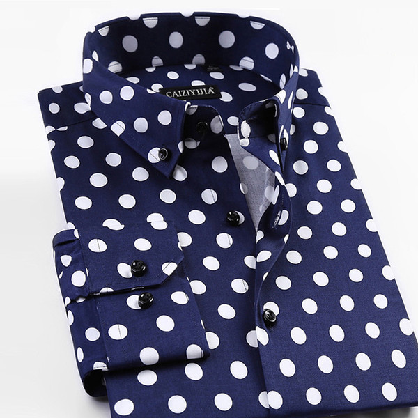 2018 Fashion New Spring Printed Polka Dot Mens Casual Shirts Long Sleeve 97% Cotton Brand Quality Slim Fit Non-iron Men Shirts