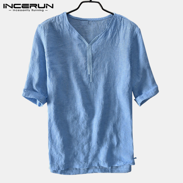 INCERUN 2019 Social Casual Shirts Men Shirts Half Sleeve V Neck Solid Chemise Men Clothes Harajuku Pullovers 5XL Hombre Camisa