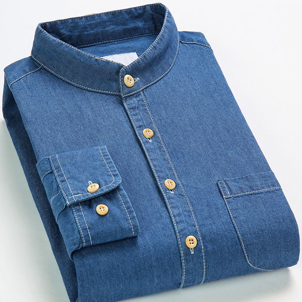 100% Cotton High Quality Men's Denim Dress Shirt Mandarin Collar Long Sleeved Social Fashion Soft Men Smart Casual Denim Shirt