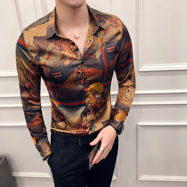 Designer Print Shirt Men Long Sleeve Club Party Wedding Men Shirt Floral Print Hawaiian Camisa Masculina Slim Fit Male Top