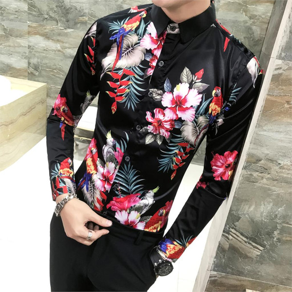 Bird Plant Print Shirt Long Sleeve Men's Chemise Fashion Business Design Fit Dress Shirts Social Casual Camisa Fancy Prom Shirt