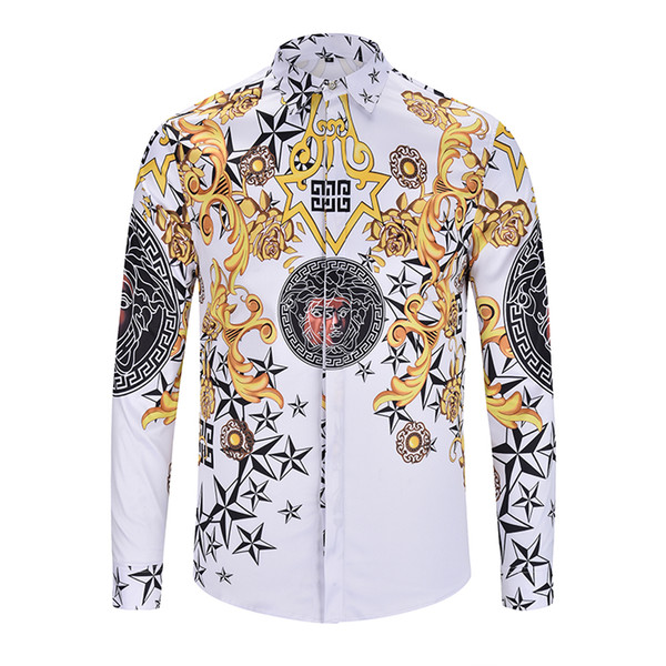 Luxury Brand 2018 New arrival Male Long Sleeve Print Shirts Casual Metal Buckle Hit Color Slim Fit floral Mens shirts