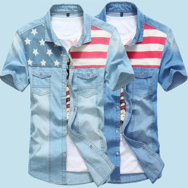 Wholesale- New Men Jeans Shirts Summer 100% Cotton Water Washing Male Tops Short Sleeve American Flag Denim shirt For Men