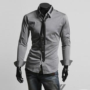 Men's Casual Shirts Men's Print Clothing Turn-down Long Sleeve 100% Cotton Solid Color Summer&Sping Slim Style Men's Shirts (send Tie)