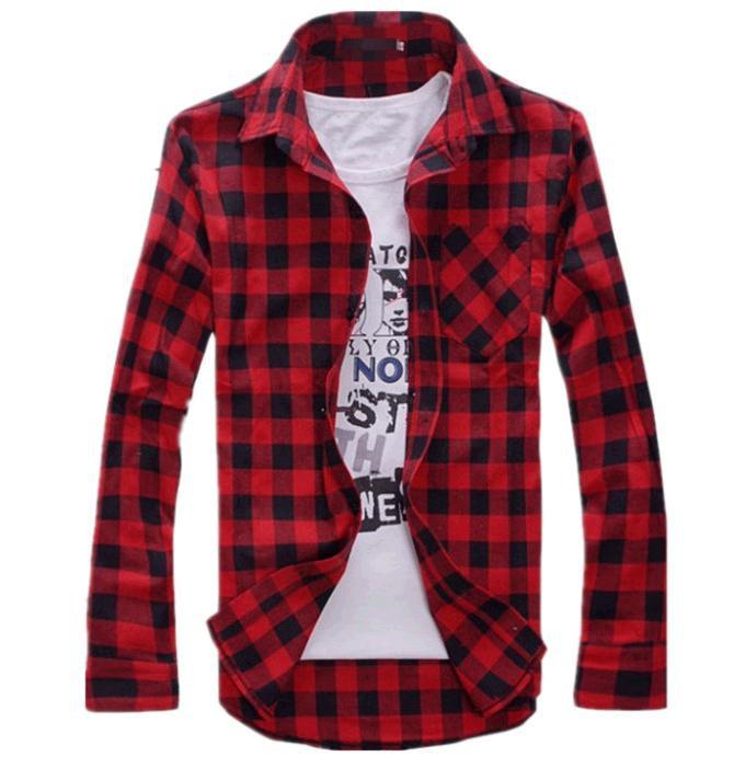 Wholesale-Mens Vintage Plaid Check Long Sleeve Shirt Slim Fit Shirts for Men High Quality T-Shirt I194