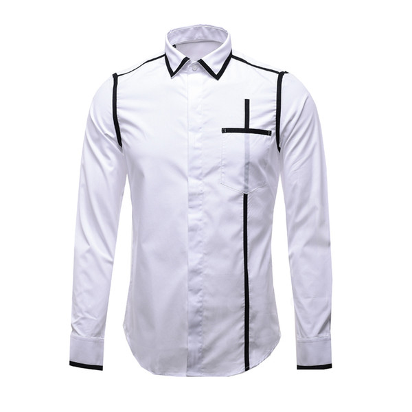 Free Shipping New personality male men's geometric webbing stitching Cotton White black Shirt Non Ironing Basic Breathable M-4XL