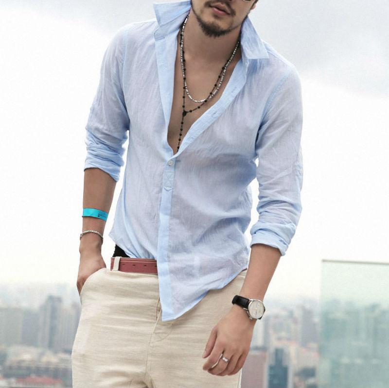 Wholesale-Quick Drying Men's Casual Chambray Shirts Summer Beach Style Outdoor Jacket Cotton Long Sleeve Brands Autumn Sale!