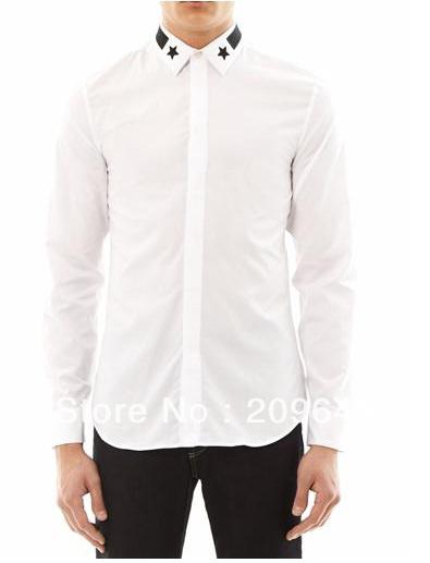 Wholesale-New Fashion Men White Cotton Dress Shirt Long Sleeve Black Star Trim Collar Custom Made Free Shipping MSH002