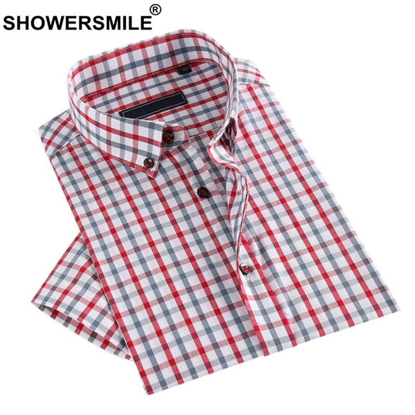 SHOWERSMILE European Dress Shirts Men Plaid Business Slim Fit Summer Short Sleeve Male Non Iron Brand Formal Shirts For Men