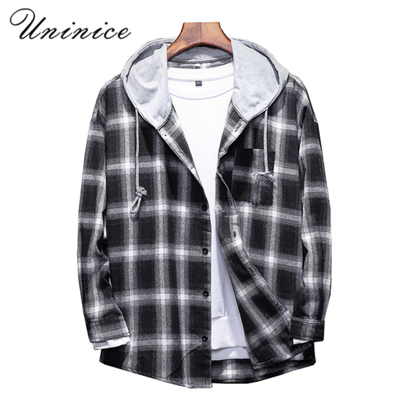 Teenager Autumn Winter Plus Size 5XL Hat Plaid Shirt BIG Plaid Hooded Men's Cotton Shirt Punk Hip Hop Out Cap Casual Shirts Top