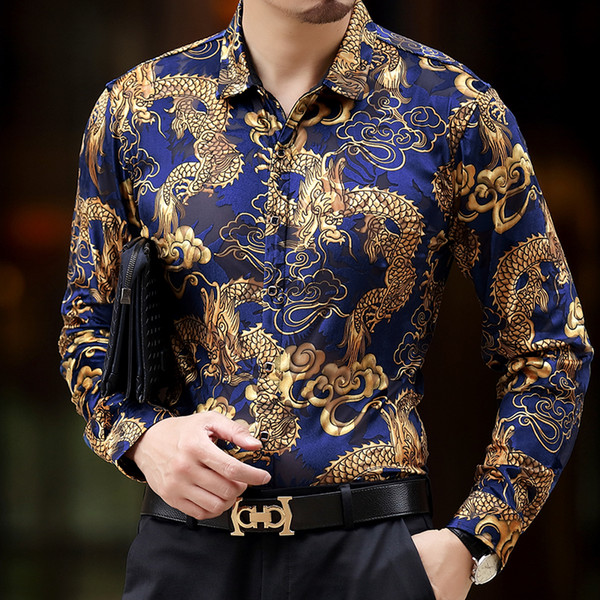 Baroque Silk Shirts Mens Dragon Dress Shirts Mens Club Outfits Black And Gold Dress Luxury Camisa Slim Fit Royal Viscose