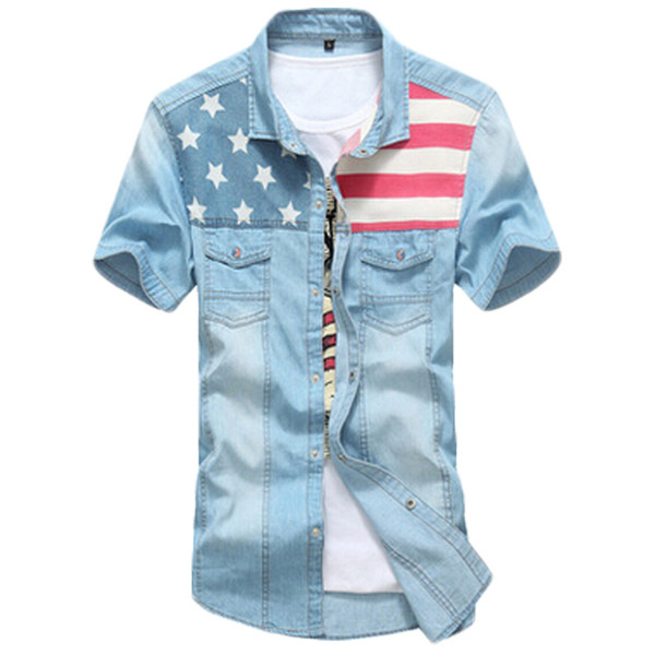 Wholesale-2016 Brand Men Shirts American Flag Cotton Turn-down Collar Denim Shirts Men Short Sleeved Male Denim Shirts 33hfx