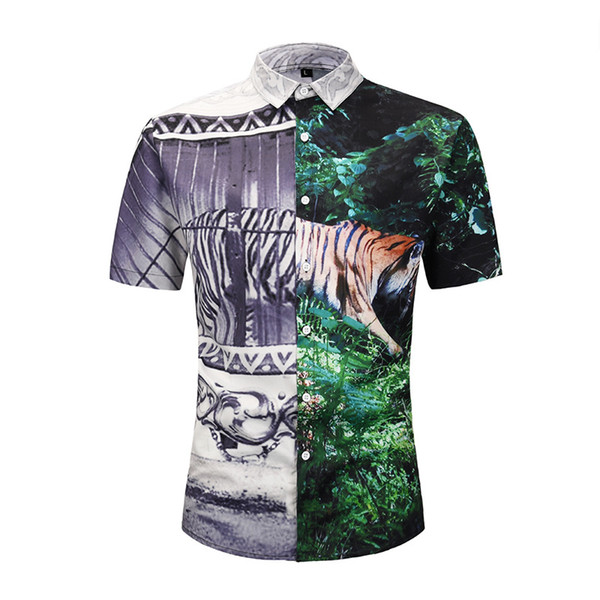 ONSEME Men's Fashion Animal Print Shirt Splice Tiger Pattern 3D Shirt Male Hipster Streetwear Tees Harajuku Tops Hawaiian