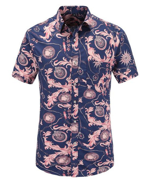 Navy Vintage Printed Summer Slim Tops Men Shirt Beach Hawaiian Men Dress Shirt Short Sleeve Print Casual US Size