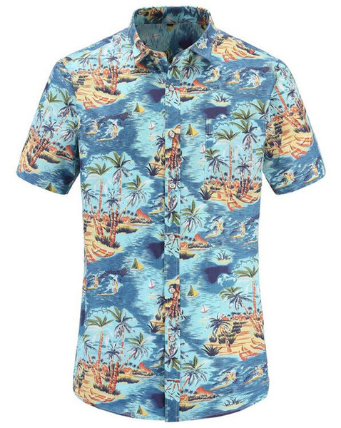 2019 Fashion Blue Summer Slim Tops Men Shirt Beach Hawaiian Men Dress Shirt Short Sleeve Print Men's Casual US Size