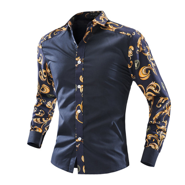 Wholesale- Men'S Fashion Men Shirt Business Casual Flowers sleeves Slim Square Collar Long-Sleeved Shirt Single-Breasted Shirt XXL SFFQE