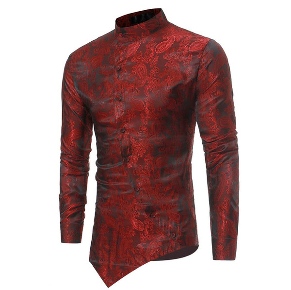 2018 Hot sale fashion Europe and the new personality irregular hem design men's casual long-sleeved dark shirt