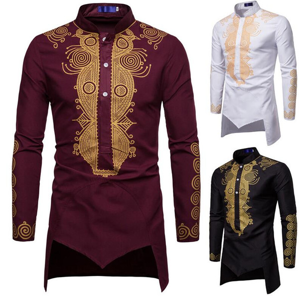 2019 Fashion popular autumn and winter new personality African style printing men's irregular hem long sleeve pullover shirt