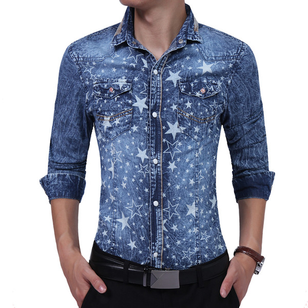 Brand Fashion Male Shirt Long-Sleeves High Quality Five - Star Prints Denim Shirt Mens Dress Shirts Slim Men XXL