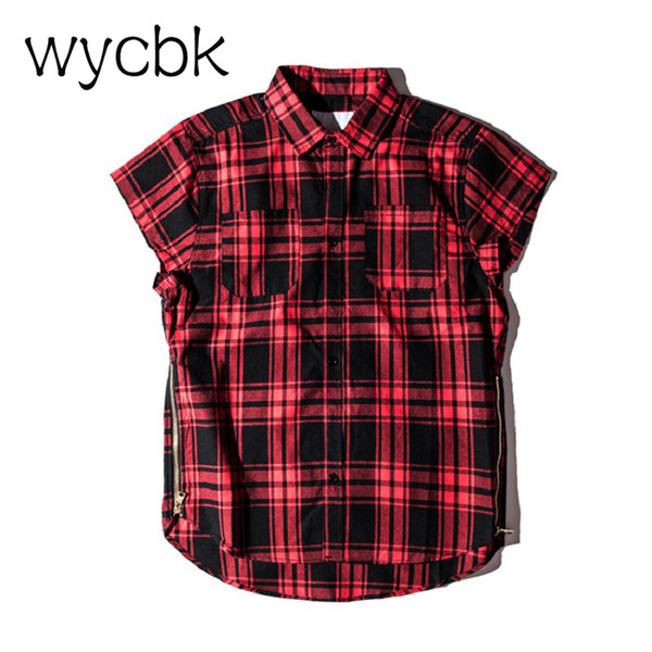 Quality Sleeveless Brushed Flannel Shirt Zipped Side Slits Ripped Armholes Plaid Tops Free Shipping