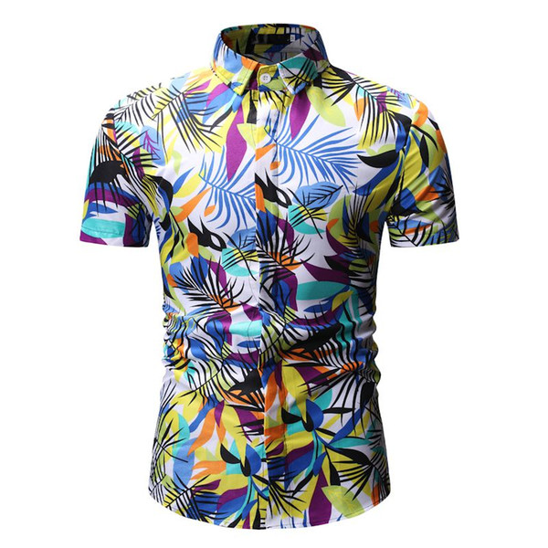 Summer Beach Men's Casual Shirts Cotton Polyester Floral Print Turn-down Short Sleeves Holiday Vacation Male Dress Shirts YS27