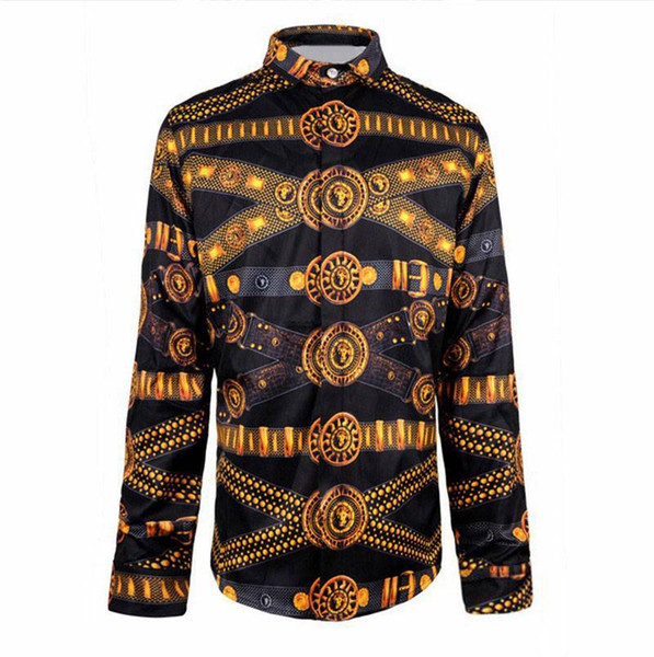 Wholesale- Fashion Wave Long Sleeve Men's Shirts Retro Noble 3D Egypt Religion Belt Floral Print Shirt Casual Royal Baroque Fancy Shirts