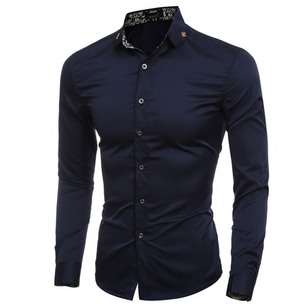 Wholesale- Formal Cross Badge Decor Collar Solid Mens Dress Shirts Long sleeve Slim Fit Casual Social Camisas Masculinas Man Chemise homme