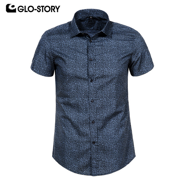 GLO-STORY Men's 2019 Summer Short Sleeve Formal Shirt Men Print Button Down Cotton Dress Shirts Blouse Tops Clothes MCS-7907