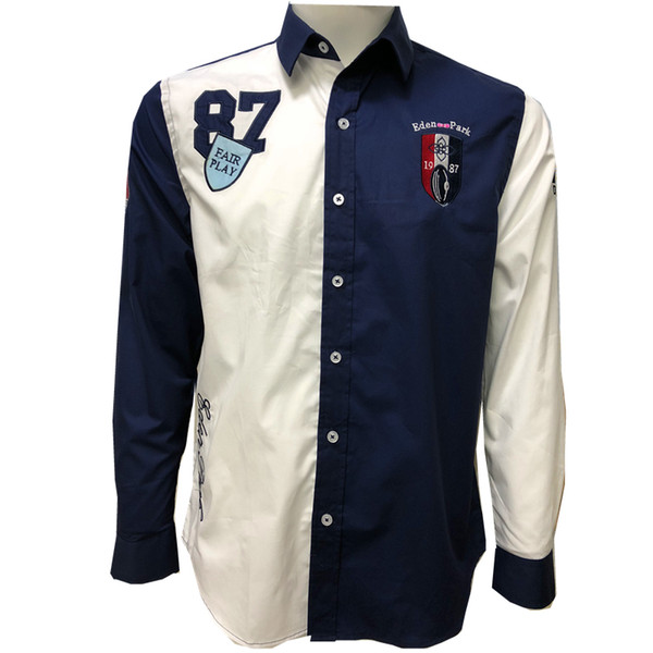 2019 Brand Embroidery Men Casual shirt XV de france Patchwork Long Sleeve Men's Shirts Slim Fit Dress Shirt Camisas Male M-2XL