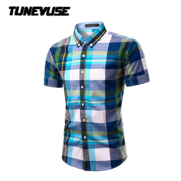 Wholesale- 2017 Summer Mens Short Sleeve Plaid mens Shirts Casual Social Dress Shirts Chemise Homme fashion camisa soical masculina TU201