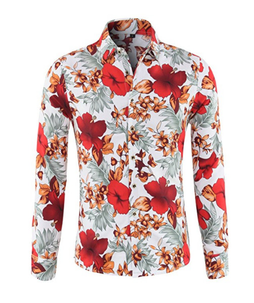 Flowers Printed Summer Fashion Men's Shirt Stylish Slim Fit Button Down Long Sleeve Hawaiian Camisa Masculina Male Shirts